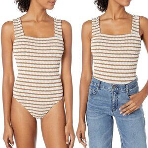 Show Me Your Mumu Women's Rory Bodysuit in Caramel Cream Stripe Print